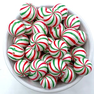 20mm Red & Green Peppermint Swirl Printed Chunky Beads Set of 10,  Christmas Printed Beads, Candy Printed Beads,  Acrylic Beads