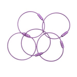 May include: Five lavender-colored keychains with metal loops and screw-on connectors are arranged in a circular pattern. The keychains are made of flexible wire and have a metallic sheen, set against a white background.