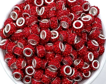 Large Hole Crystal Rhinestone Rondelle Spacer Beads--Red