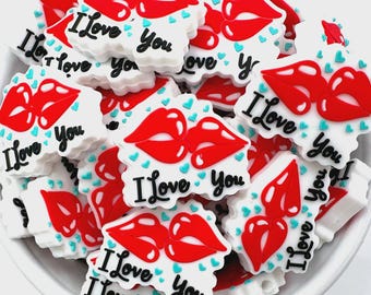 SET OF 2, Red Lips Printed Silicone Bead, Valentines Pen  display picture 2
