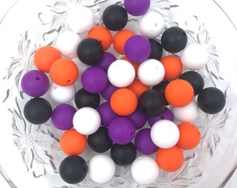 White, Orange, Purple & Black Mix Silicone Beads, 50 or 100 BULK Round Silicone Beads,  Halloween Silicone Beads, Silicone Beads