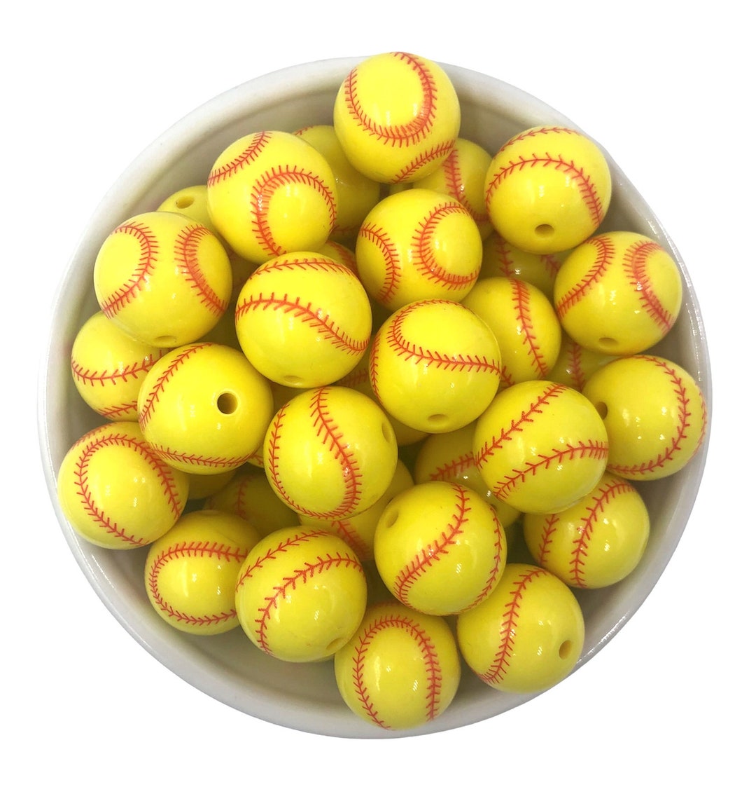 20mm Softball Chunky Beads, Yellow Softball Beads, Baseball Printed