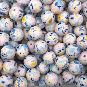 15mm Spring Wild Flower Print Silicone Beads, Silicone Beads, Print Silicone Beads