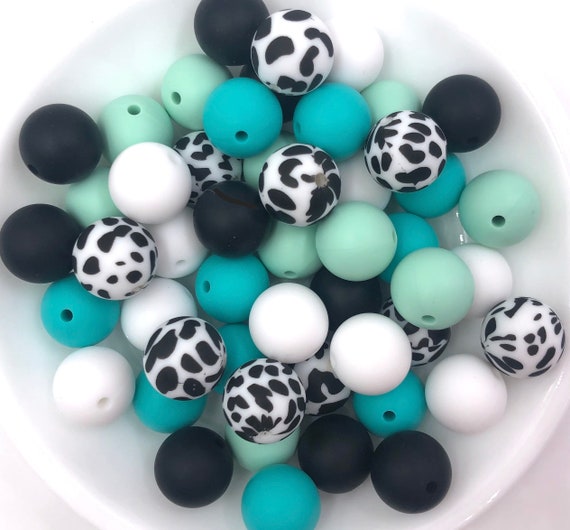 Turquoise & Mint Cow Print Silicone Bead Mix, 50 or 100 BULK Round Silicone  Beads, Bulk Mix of Silicone Beads, Wholesale Silicone Beads 