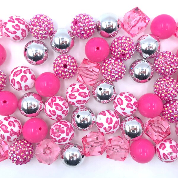 Pink Leopard Chunky Bead Mix,  Set of 24 Chunky Beads, 20mm Bubblegum Beads, Bead Mix, Wholesale Beads, Bulk