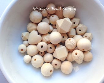 50 or 100 Natural Wood Bead Mix,  Natural Unfinished Wood Beads,  Natural Wooden Beads, Wooden Bead Grab Bag, Natural Beads
