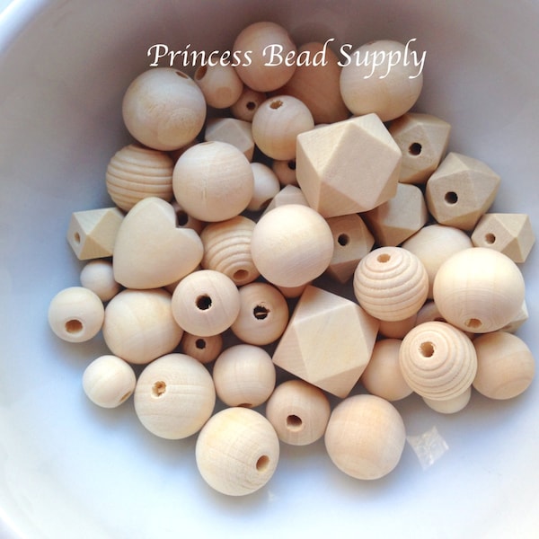 50 or 100 Natural Wood Bead Mix,  Natural Unfinished Wood Beads,  Natural Wooden Beads, Wooden Bead Grab Bag, Natural Beads