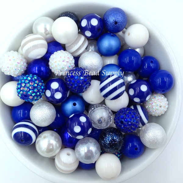 Royal Blue and White 20mm Chunky Bulk Beads, Bulk Bead Mix, Wholesale Beads, Bubble Gum Beads Gumball Beads Acrylic Beads Wholesale Beads