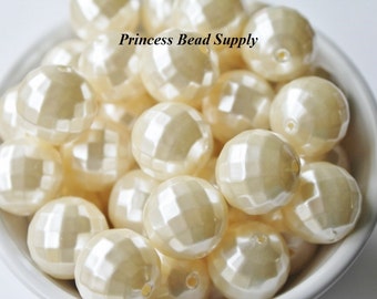 20mm Ivory Pearl Disco Ball Chunky Beads Set of 10,  Ivory Disco Bubble Gum Beads, Gumball Beads, Acrylic Beads