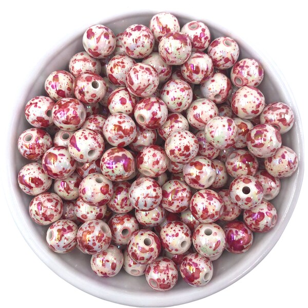 12mm Red and White AB Splatter Beads,  12mm Beads,  Splatter Beads Beads, 12mm Beads,  Acrylic Beads, Mini Chunky Beads