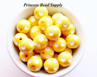 20mm Yellow Polka-Dot Chunky Beads Set of 10,   Bubble Gum Beads, Gumball Beads, Acrylic Beads