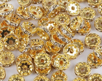 20 10mm Gold Crystal Rhinestone Rondelle Spacer Beads