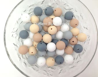 50 or 100 BULK Round Silicone Beads,  White, Beige, Oatmeal &, Gray Mix Silicone Beads, Wholesale Silicone Beads, Silicone Beads