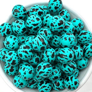 15mm Turquoise Cow Print Silicone Beads