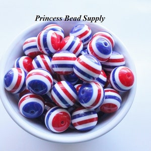 20mm Red, White and Blue Striped Chunky Beads Set of 10,  Red< White and Blue Stripe  Beads,  Acrylic Beads