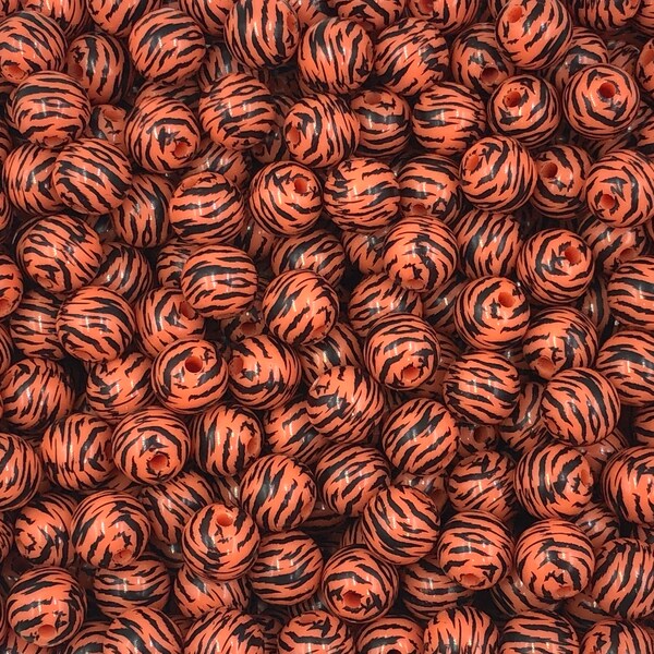 12mm New! Orange Tiger Beads Set of 20 or 50,  Orange and White Zebra Printed Beads, Chunky Bubble Gum Beads, Acrylic Beads, Spacer Beads