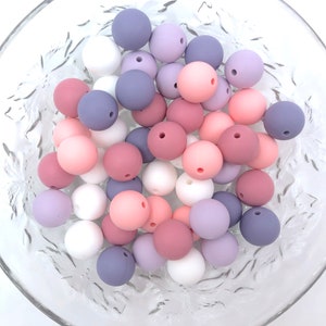 50 or 100 BULK Round Silicone Beads, Pink Quartz, Dusty Rose Lavender Mist, Tropical Lilac and White Silicone Bead Mix, Silicone Beads
