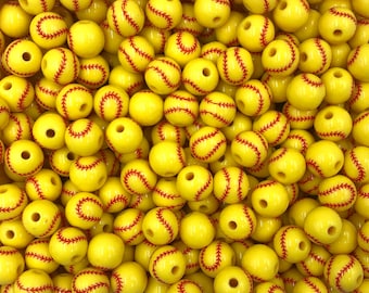 12mm Softball Printed Beads Set of 10 or 20,  12mm Softball Beads, Mini Chunky Beads, Chunky Bubble Gum Beads, Acrylic Beads