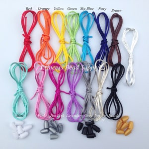 May include: Assortment of 16 colors of waxed cord, including red, orange, yellow, green, sky blue, navy, brown, white, mint, pink, hot pink, lavender, gray, Navajo white, and black.  Also included are 10 silver, 10 black, and 10 gold cord ends.  Princess Bead Supply is printed on the image.