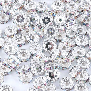 10 12mm Crystal Rhinestone Rondelle Spacer Beads, Sparkly Clear Crystal Silver Rondelle Spacer Beads