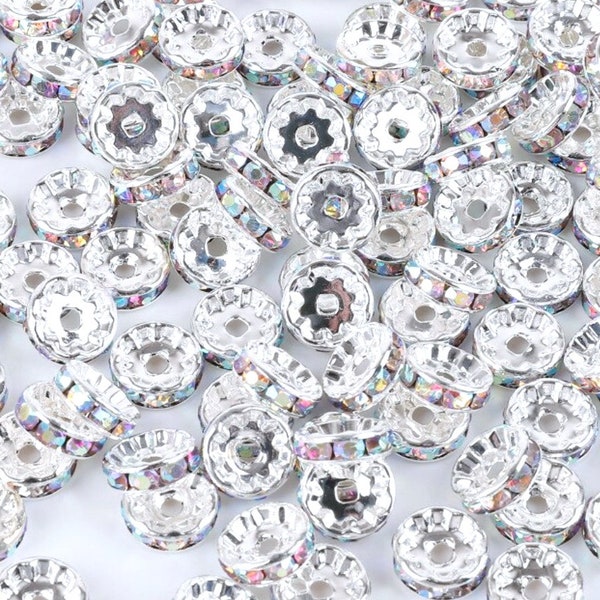 20 6mm Crystal Rhinestone Rondelle Spacer Beads, Sparkly Clear Crystal Silver Rondelle Spacer Beads