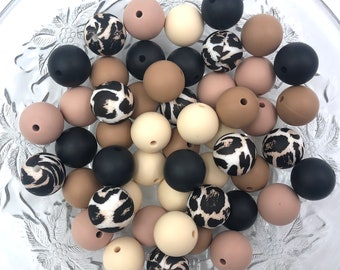 Black Leopard Silicone Bead Mix:  Beige, Black, Victorian Rose, Latte