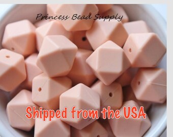 17mm Peach Hexagon Silicone Beads, Set of 5 or 10, 100% Food Grade Silicone Beads, BPA Free, Sensory Beads, Silicone Loose Beads,