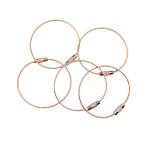 May include: A collection of six copper-colored key rings, each with a circular design and a secure clasp. The rings are made of a twisted wire material, and the clasps are silver-toned. The key rings are arranged in a slightly overlapping pattern against a white background.
