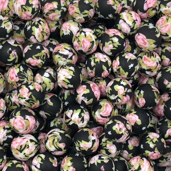 15mm Black Victorian Flower Print Silicone Beads, Floral Print Silicone Beads, Silicone Beads