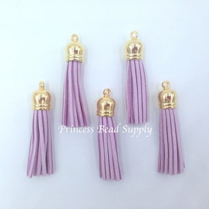 50mm Lilac Suede Leather Tassels for Necklaces, Set of 3, 5, or 10 Gold Metal Color Tassel Pendants, Tassel Necklaces, Gold Tassels