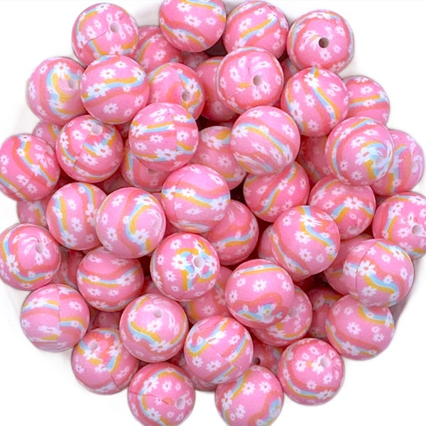 15mm Retro Daisy Flower Print Silicone Beads,  Flower Print Silicone Beads, Silicone Beads