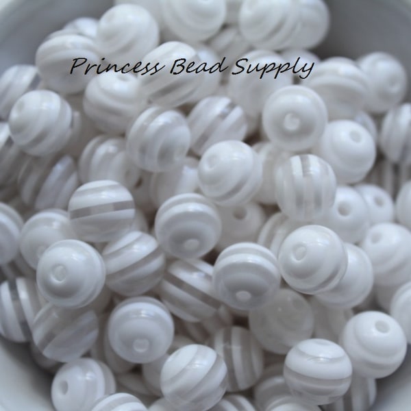 12mm White Striped Beads Set of 20 or 50,  Chunky Bubble Gum Beads, Gumball Beads, Acrylic Beads
