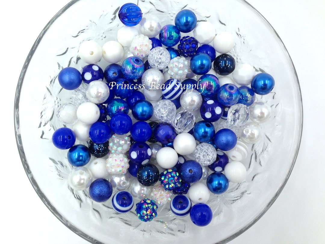 Royal Blue and White 12mm Bead Mix, 100 12mm Mini Chunky Bulk Beads ...