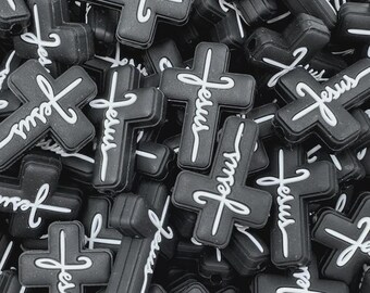 Jesus Cross Silicone Focal Bead--Black