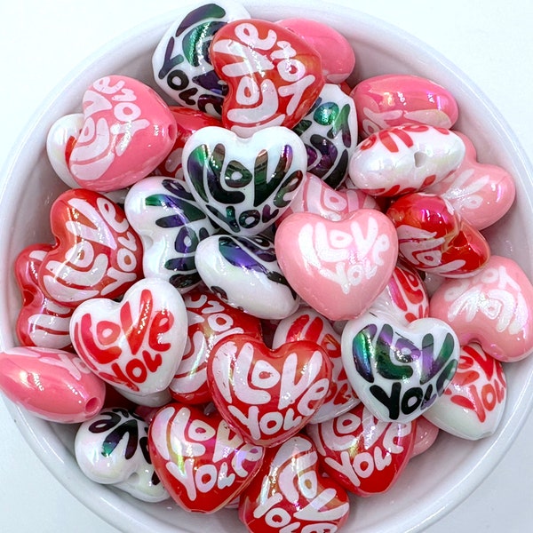 I Love You AB Iridescent Chunky Beads, Set of 5 Heart Beads,  20mm Heart Beads,  Valentine's Heart Beads