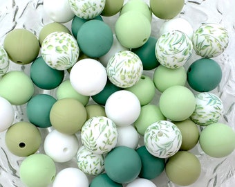 Green Leaf Print Silicone Bead Mix--White, Spring Green, Sage, Eucalyptus, Bulk Mix of Silicone Beads, Wholesale Silicone Beads