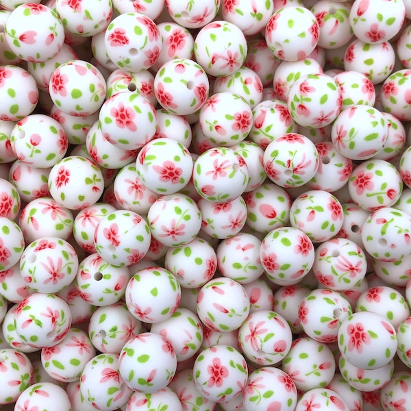 15mm Pink Delicate Flower Printed Silicone Beads, Floral Printed Silicone Beads, Print Silicone Beads, Silicone Beads