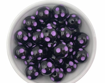 20mm Black and Purple Polka-Dot Chunky Beads Set of 10,  Halloween  Beads,  Acrylic Beads