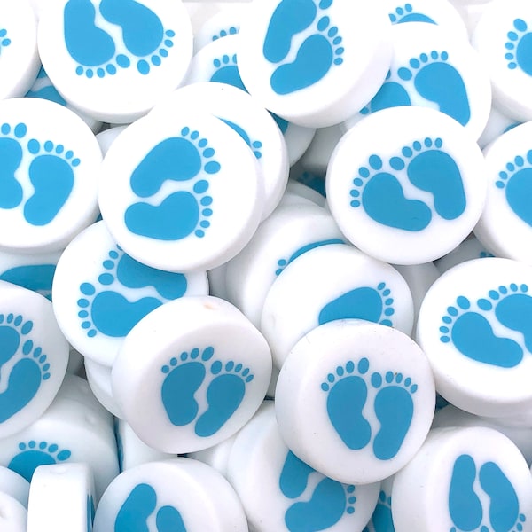 Blue Baby Feet Silicone Round Focal Beads,   Baby Feet Silicone Focal Beads, Baby Footprint Silicone Focal Beads, Silicone Beads