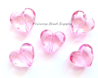 25mm Pink Faceted Transparent Heart Chunky Acrylic Beads: Valentine's Day