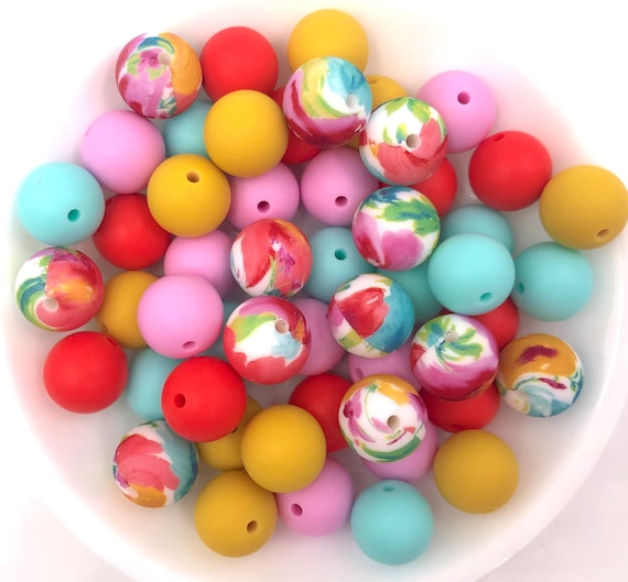 Colorful Stripe Round Ball Beads 10 Pcs 15 Mm Silicone 