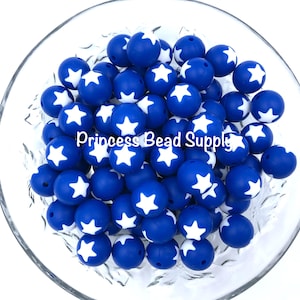 15mm Royal Blue & White Star Silicone Beads:  4th of July Beads