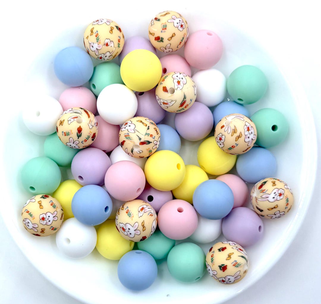 Bunny Rabbit Print Silicone Bead Mix--white, Powder Pink, Mint, Yellow ...