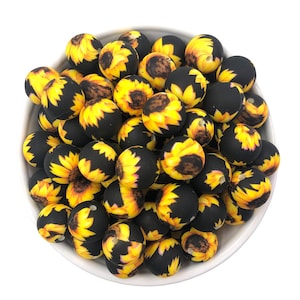 15mm Sunflower Flower Silicone Beads, Sunflower Silicone Beads, Sunflower Print Silicone Beads, Silicone Beads