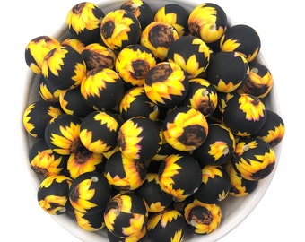15mm Sunflower Flower Silicone Beads, Sunflower Silicone Beads, Sunflower Print Silicone Beads, Silicone Beads