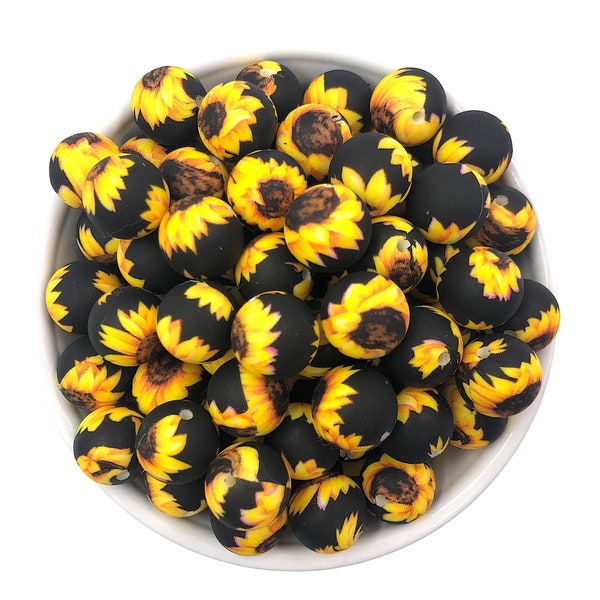 15mm Sunflower Flower Silicone Beads, Sunflower Silicone Beads, Sunflower Print Silicone Beads, Silicone Beads