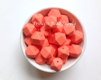 17mm Salmon Hexagon Silicone Beads, Set of 5 or 10, 100% Food Grade Silicone Beads, BPA Free, Sensory Beads, Silicone Loose Beads,
