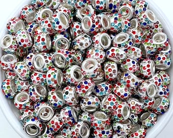 Large Hole Crystal Rhinestone Rondelle Spacer Beads--White Multi-Colored