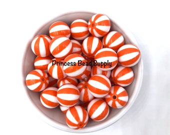 20mm Orange & White Beach Ball Beads,  Orange Striped Chunky Beads,  Orange Stripe Beads, Watermelon Striped Beads, Acrylic Beads