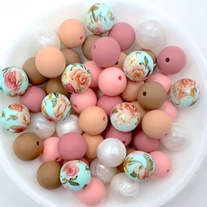 Light Blue Victorian Flower Silicone Bead Mix--Metallic White, Pink Quartz, Dusty Rose, Latte, Peach